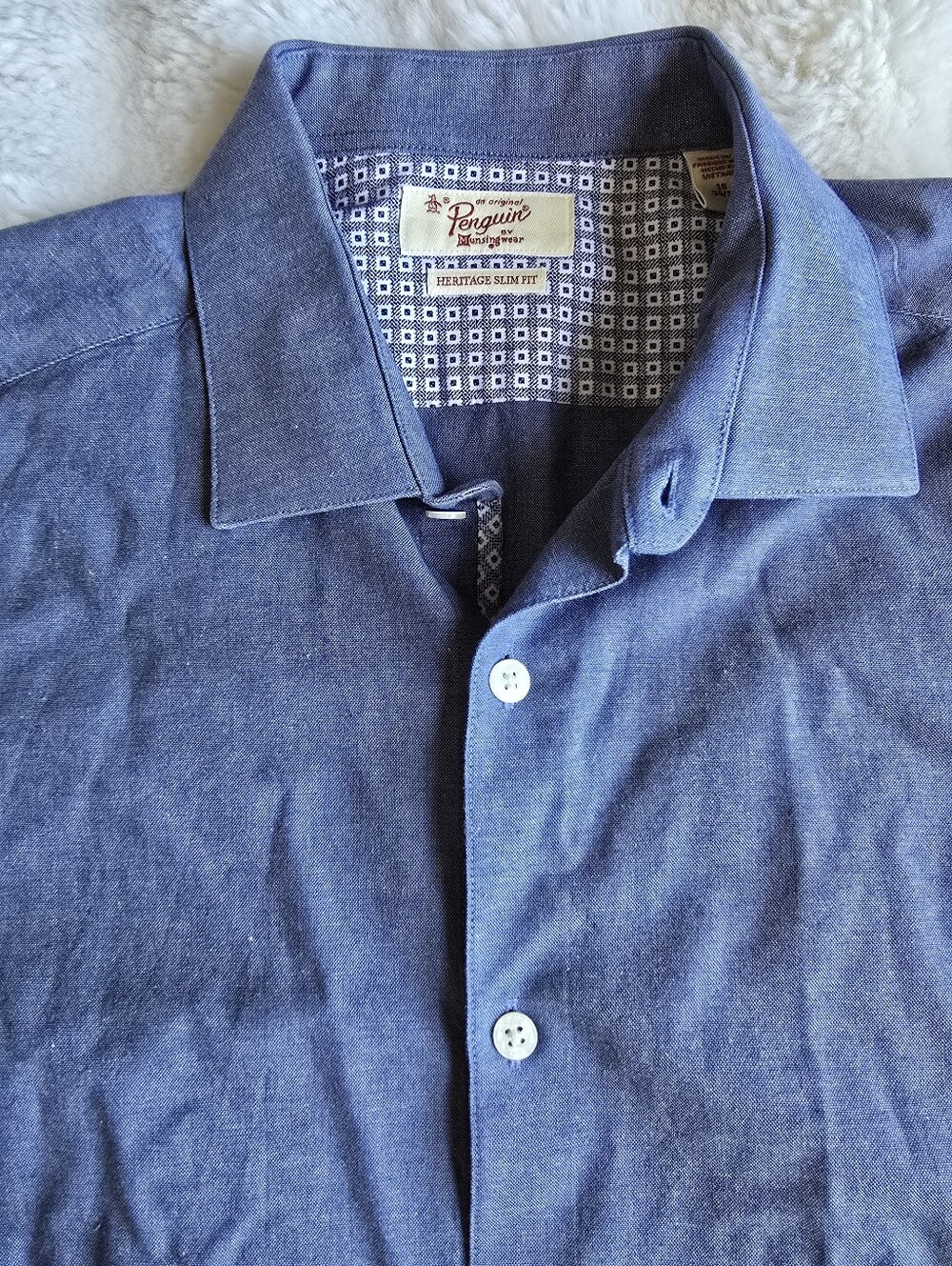 Original Penguin Men's Blue Long Sleeve Button-Down Heritage Slim Fit Shirt